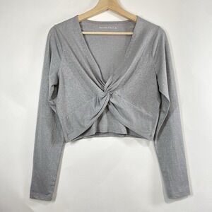 Abercrombie & Fitch Womens Twist Front Sparkle Shimmer Long Sleeve Top Gray Sz L